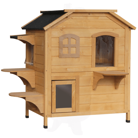 2-story Cat House Outdoor Weatherproof Wooden Cat Enclosure for Feral Cats with Escape Door Openable Roof Jumping Platforms Natural