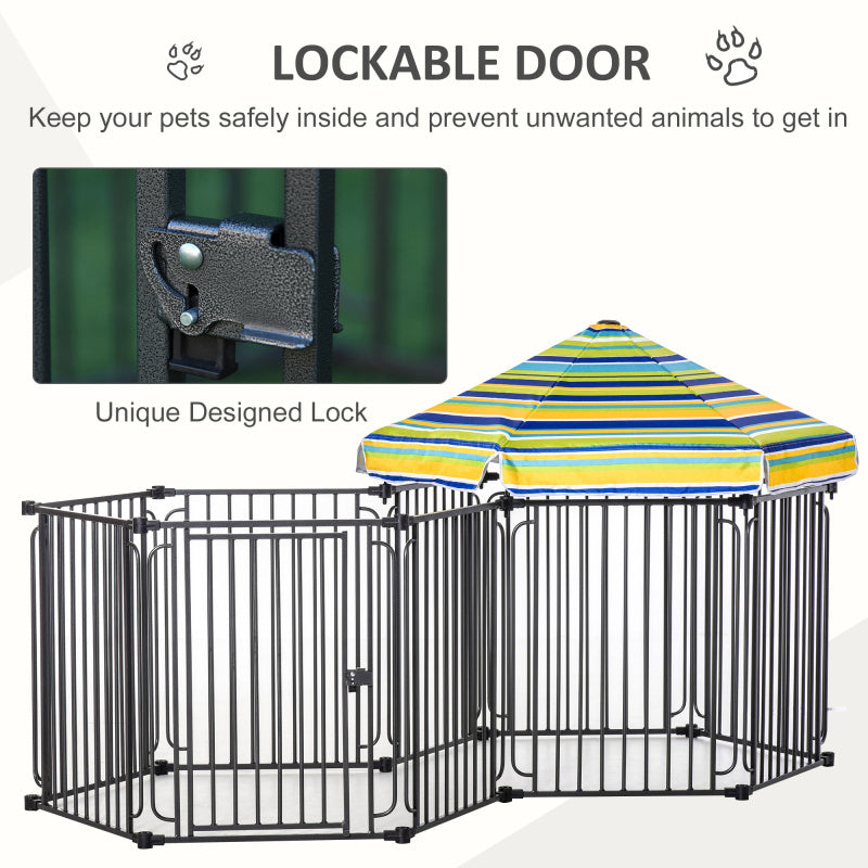 Dog Playpen with Removable Synthetic Fiber Canopy, Indoor/Outdoor Metal Fence, 47" Tall, with Door for Small to Medium Pets