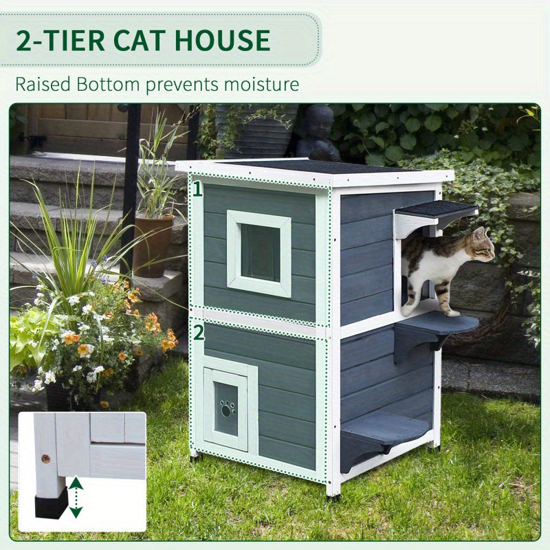 Weatherproof 2-Story Outdoor Cat House with Escape Door - Durable Wooden Feral Shelter, Asphalt Roof, Dark Gray