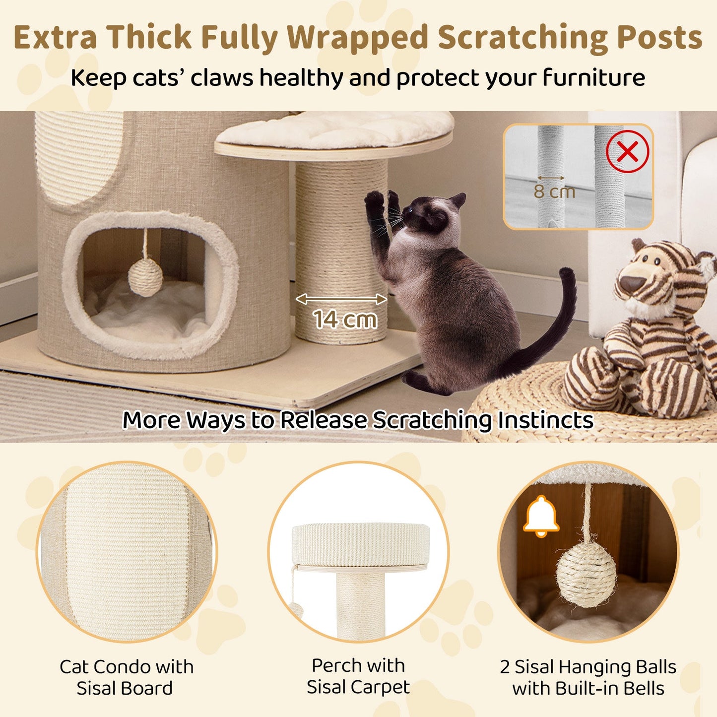 61" Cat Tree for Indoor Cats, Tall Multi-level Cat Tower w/ 2-stoery Condo, Top Perch, Sisal Scratching Posts, Sisal Carpet, Hammock, Dangling Balls, Removable Bed, Modern Kitty Play Center