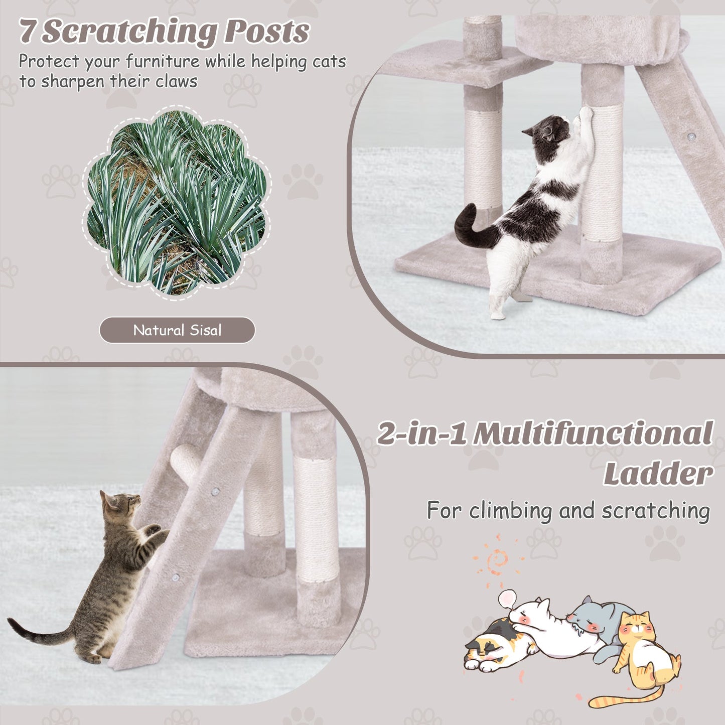 56" Tall Cat Tree, Multi-Layer Cat Tower with Sisal Scratching Posts, Cat Condo & Basket & Perch, Ladder, Pompom Stick, Dangling Balls, Cat Furniture Activity Center for Indoor Cats Kittens