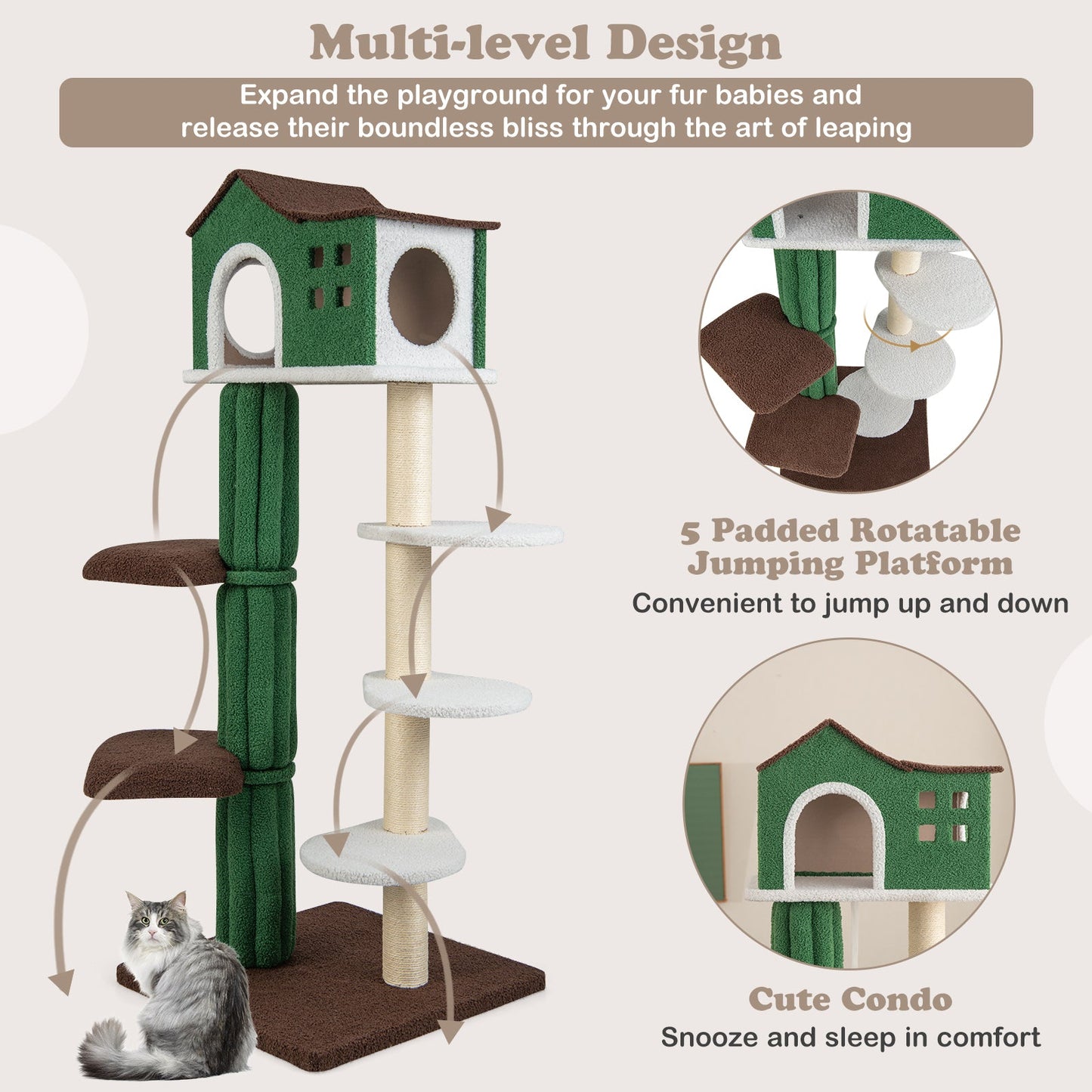 7-Tier Modern Cat Tree Tower for Indoor Cat, 61"/153 CM Tall Cat Climbing Stand w/ Sisal Scratching Posts, Top Cat Condo, Soft Mohair Plush Fabric, Cat Entertainment Furniture for Kitten & Adult Cat