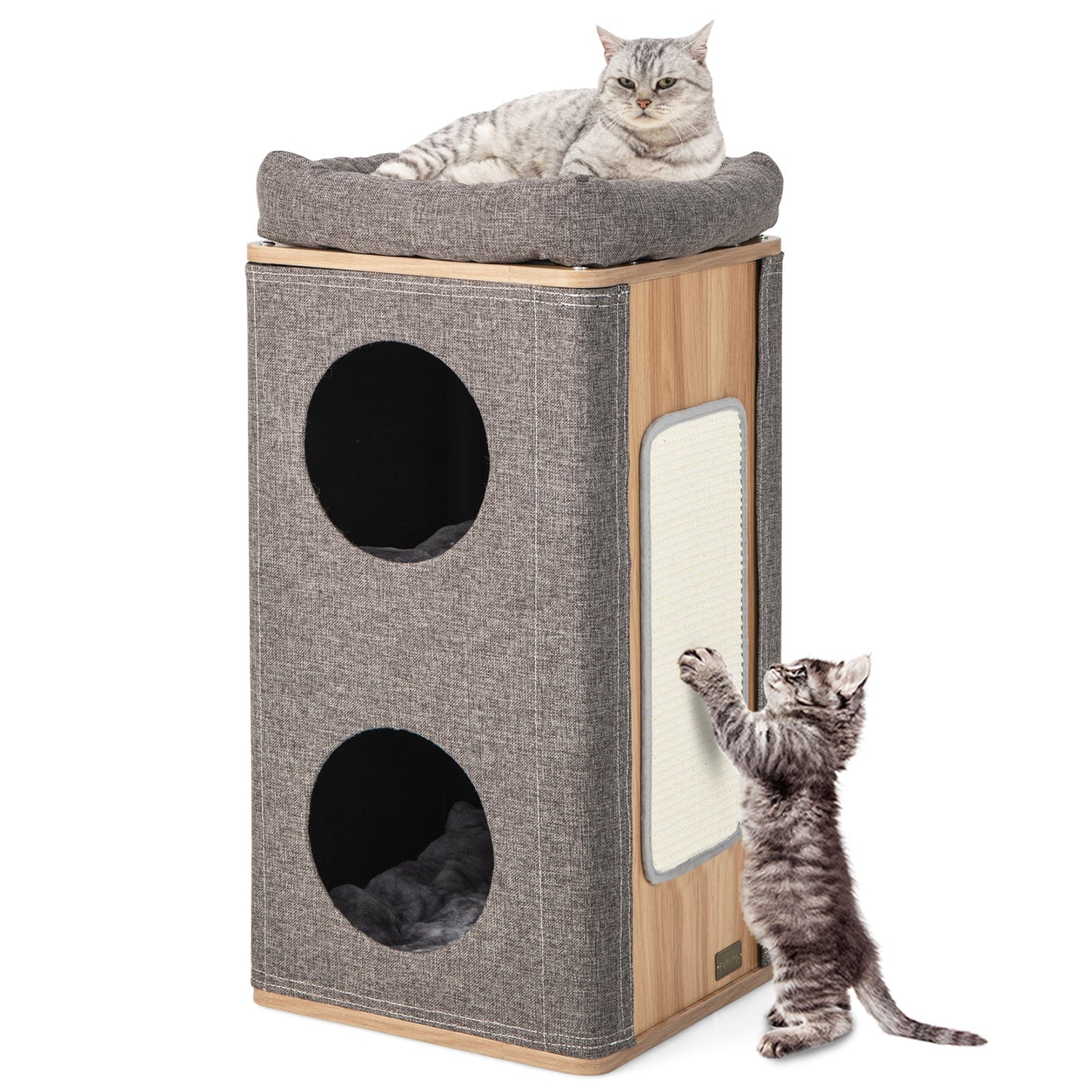 3-Story Cat House, Barrel-shaped Cat Condo w/ Soft Padded Top Perch & 2 Cat Caves, Multi-layer Cat Bed w/ Scratching Board, Removable Cushions & Outside Cover for Indoor Cats Kittens