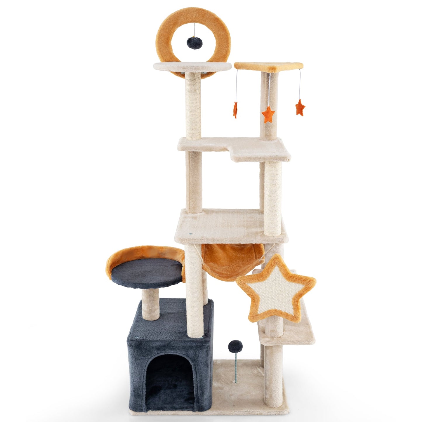 63" Cute Cat Tree for Indoor Cats, Multi-level Cat Tower w/ Sisal Scratching Posts & Board, Condo, Plush Perch & Platforms, Hanging Toys, Spring Ball, Large Kitty Activity Center