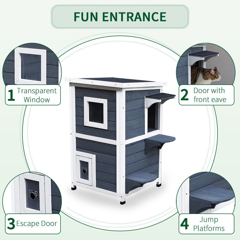 Weatherproof 2-Story Outdoor Cat House with Escape Door - Durable Wooden Feral Shelter, Asphalt Roof, Dark Gray