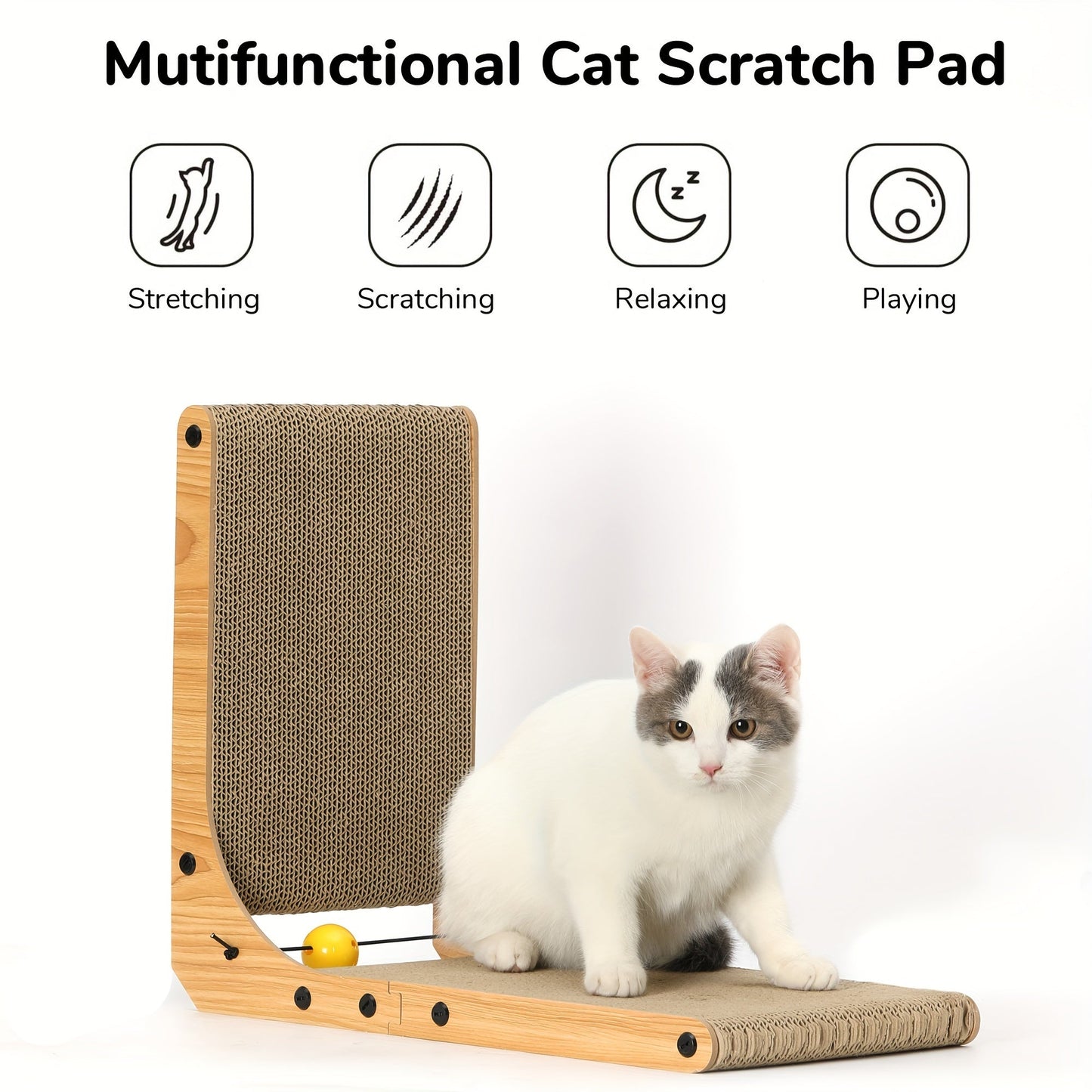 1/2pcs, 18.9 Inch L Shape Cardboard Cat Scratcher, Vertical Wall Mounted Kitty Scratching Pad With Ball Toy For Indoor Cats