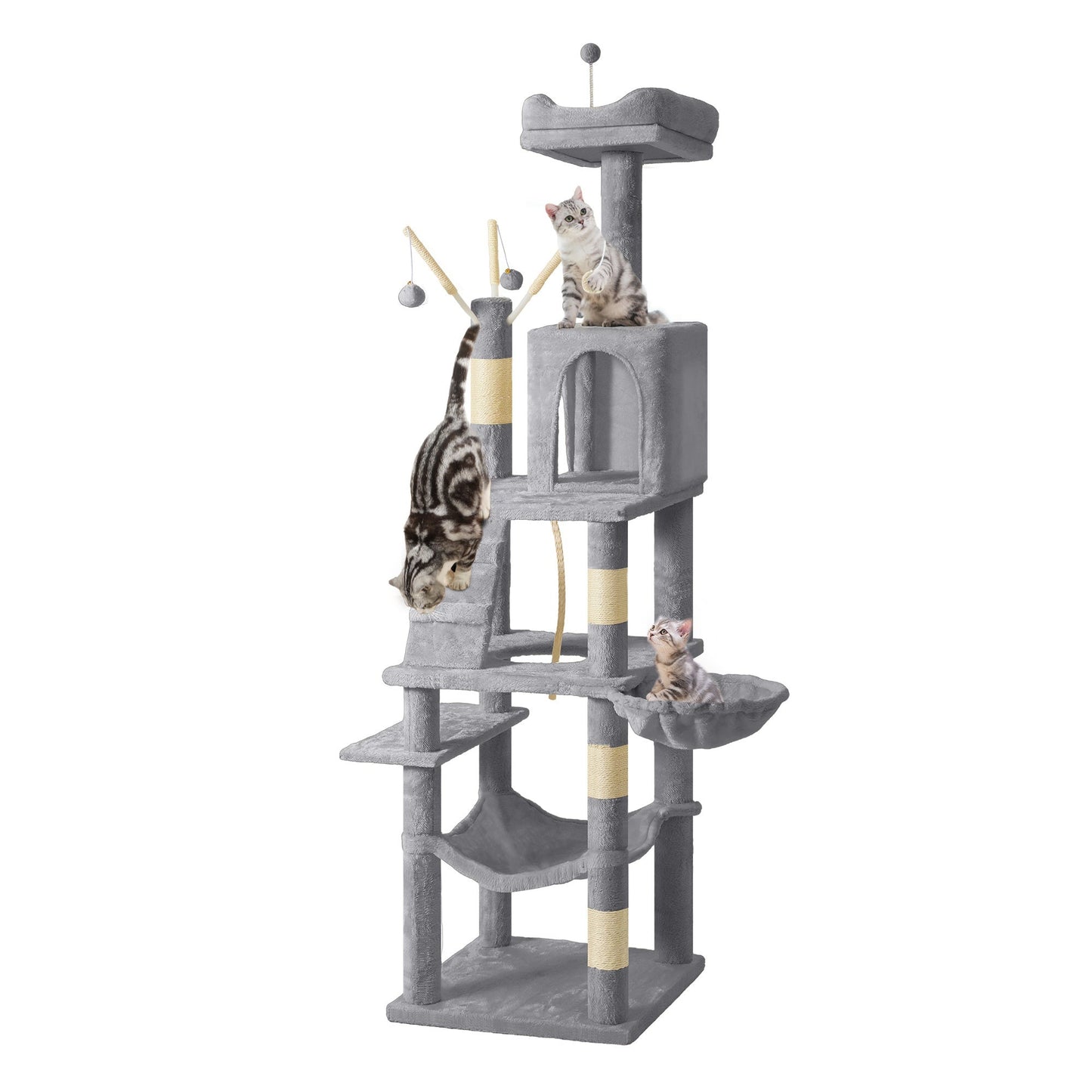 64. 5" Cat Tree, Multi- Level Cat House, Large Cat Condo Furniture with Perch Hammock, Scratching Posts and Dangling Balls for Kittens, Cats and Pets