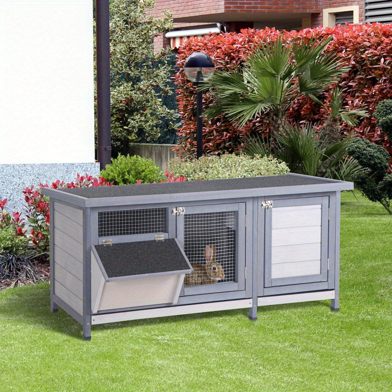 Gray Wooden Rabbit Hutch with Waterproof Roof, Leak-Proof Tray & Feeding Station - Indoor/Outdoor Bunny Cage for Guinea Pigs and Small Pets