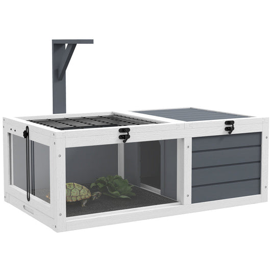 Wooden Tortoise Habitat - Indoor/Outdoor Enclosure with Lamp Holder, Pull-Out Waterproof Trays & Openable Lids, Gray