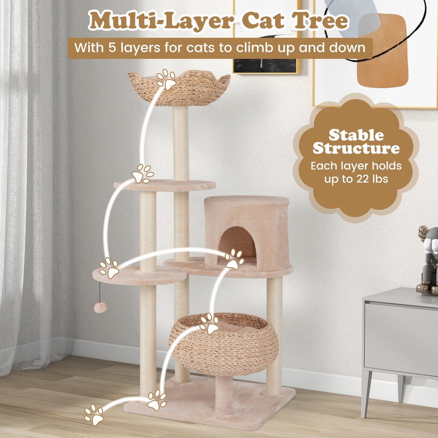 Cat Tree, 59" Cattail Cat Tower w/ Sisal Scratching Posts, Perch, Condo, Soft Hammock, Washable Cushions, 5-Layer Climbing Cat Activity Center, Cat Furniture for Indoor Kittens & Adult Cats