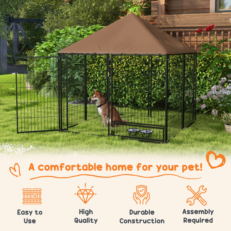 Deluxe 4.6' x 5' Outdoor Dog Kennel with Canopy - Durable Synthetic Fiber, Rotating Bowl Included, Perfect for Small Pets