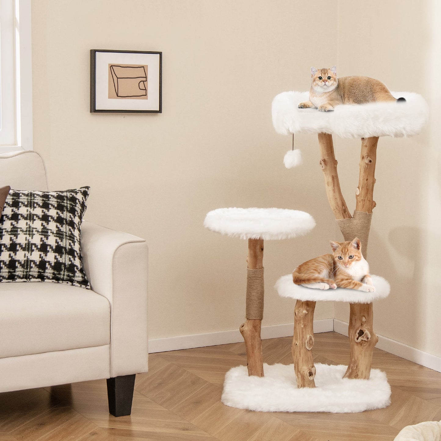 Solid Wood Cat Tree, Modern Wooden Cat Tower w/ Perch, Natural Jute Scratching Posts, Dangling Ball, Soft Long Plush, 44" Tall Luxury Cat Condo, Cat & Kitten Climbing Furniture for Indoor Use