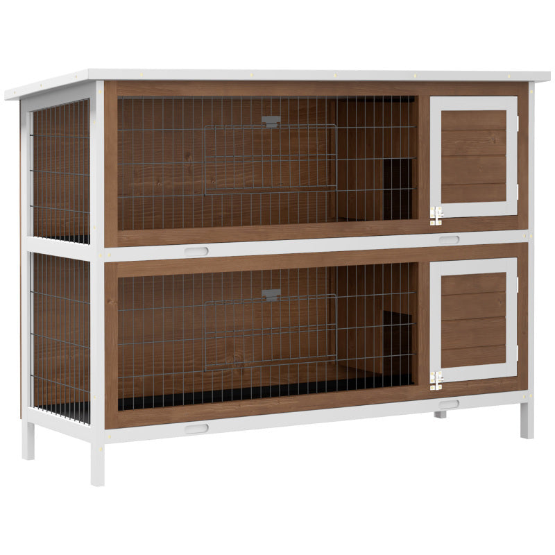 54" 2-Story Large Rabbit Hutch, Wooden Pet House with Synthetic Fiber, Lockable Doors, No Leak Tray, Waterproof Roof for Small Animals, Suitable for Outdoor/Indoor Use