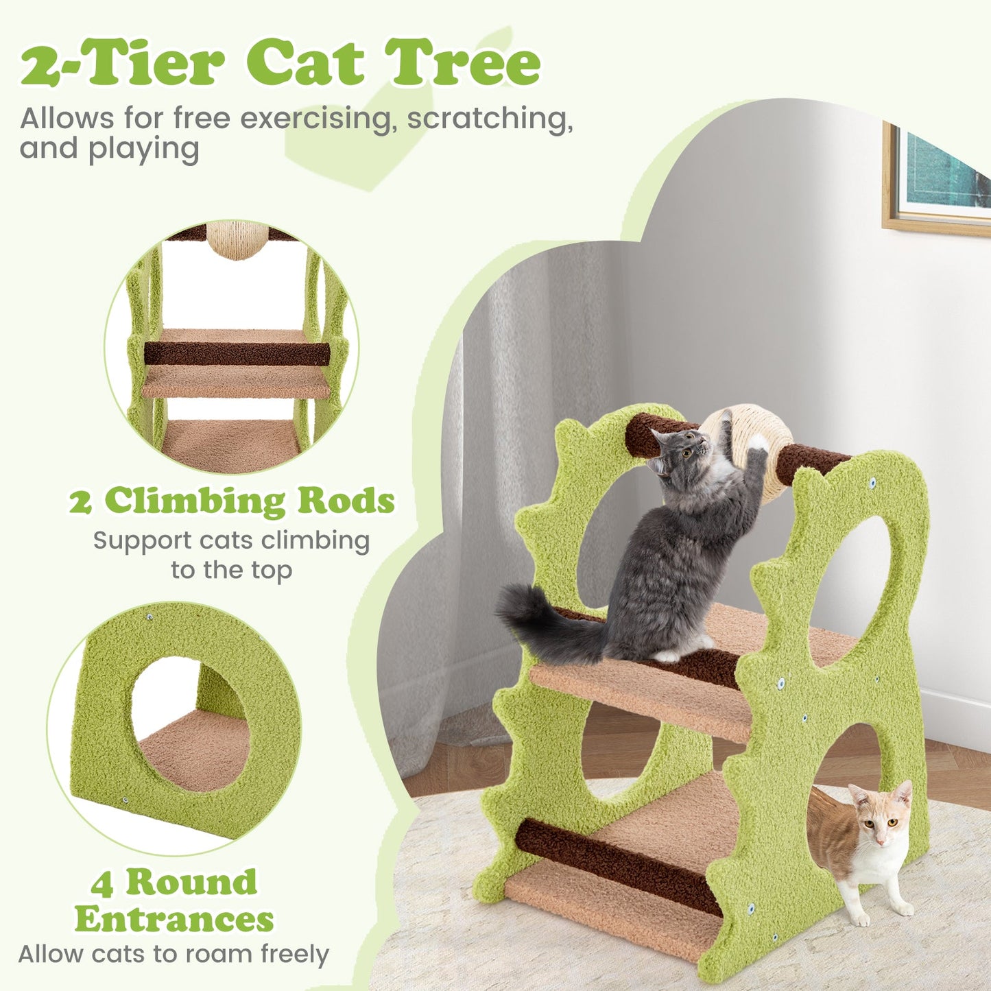 2-Tier Modern Cat Tree for Indoor Cats, Cute Dinosaur-Shaped Cat Tower w/ Rotatable Sisal Scratching Ball, Soft Plush Fabric, Cat Climbing Stand, Activity Center for Kitten & Adult Cat