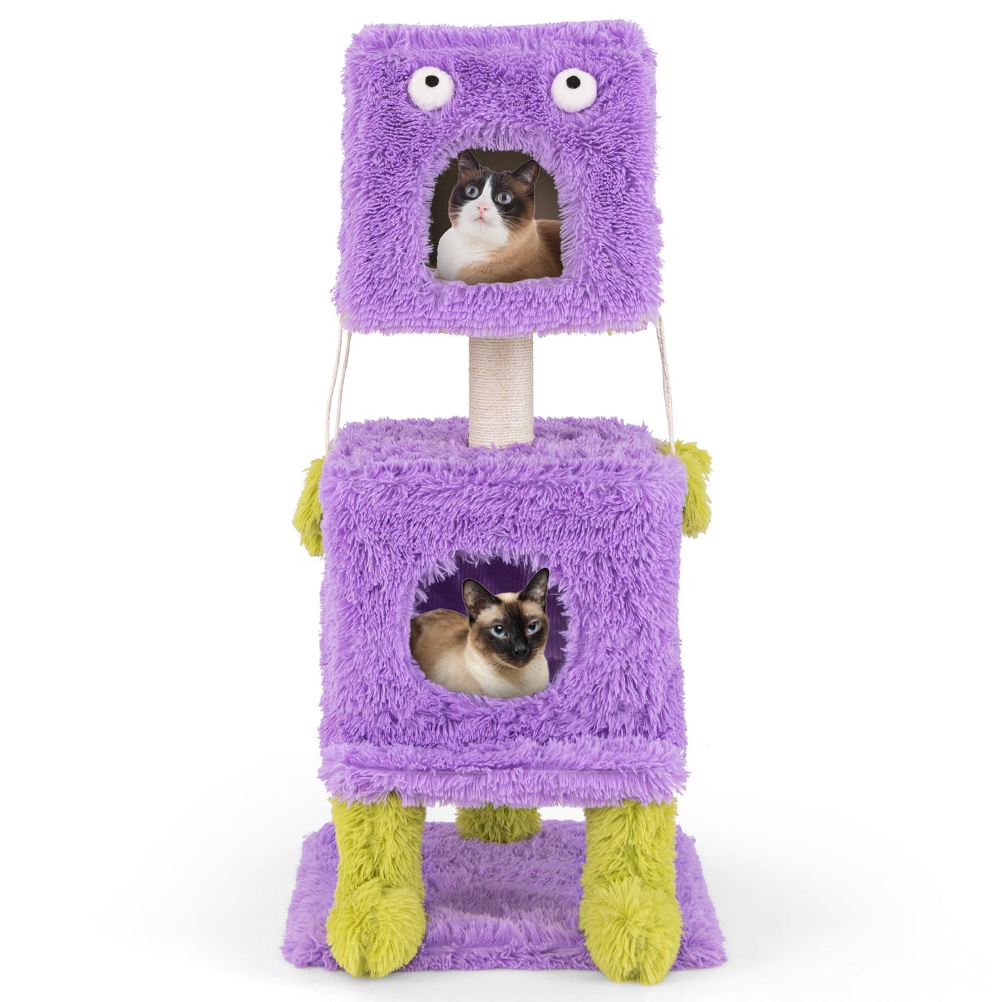 Cat Tree, Cute Monster-Themed Cat Tower w/ 2 Private Condos, Soft Long Plush, Sisal Scratching Post, Hanging Toys, Small Place Cat Furniture, 3-Level Activity Center for Indoor Cat & Kitten