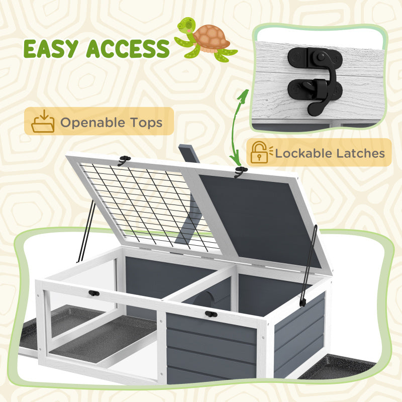 Wooden Tortoise Habitat - Indoor/Outdoor Enclosure with Lamp Holder, Pull-Out Waterproof Trays & Openable Lids, Gray