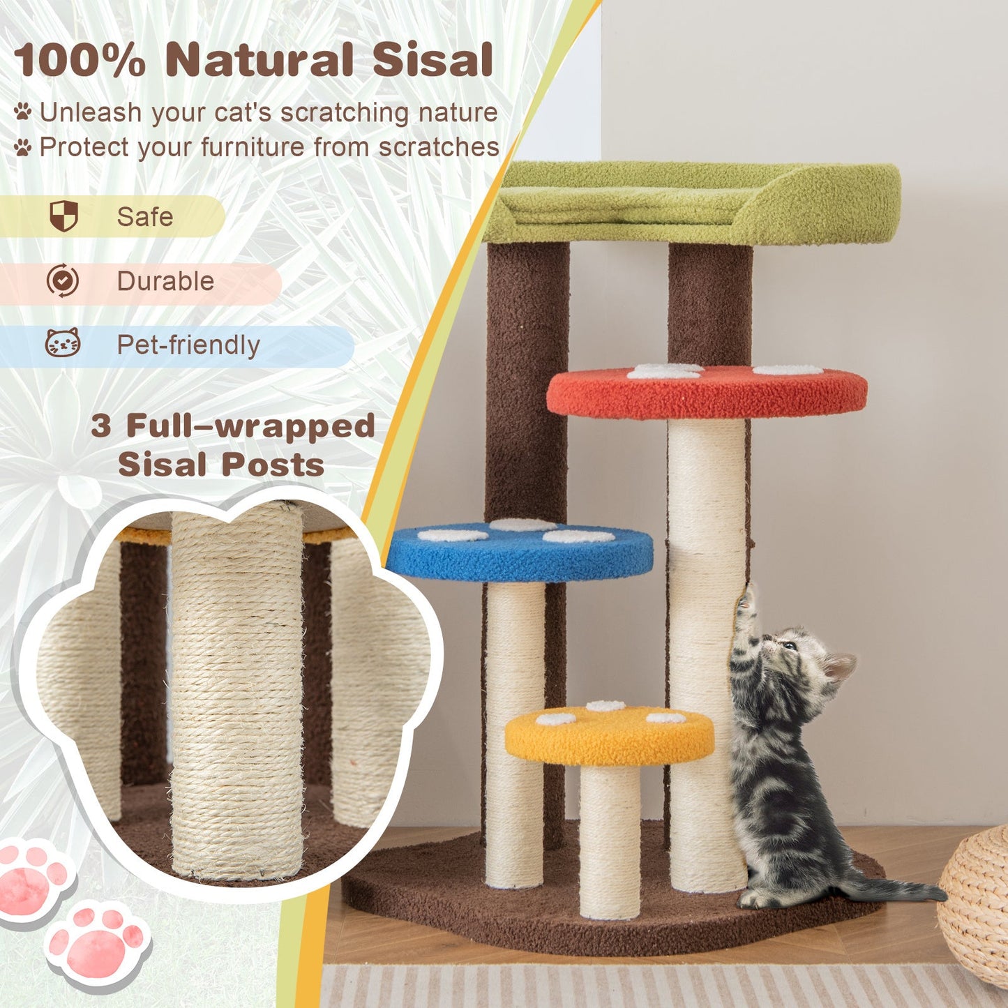 3-In-1 Cat Tree, 5-Tier Cat Tower with 3 Full-Wrapped Sisal Posts, Removable Mat & Platforms, Mushroom Kitten Activity Center, Multi-Layer Cat Furniture for Indoor Cats