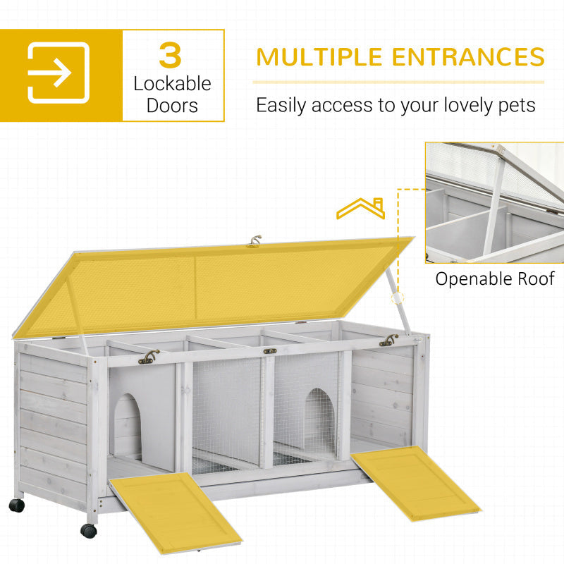 Wooden Rabbit Hutch with Wheels, Openable Roof, Removable Trays, and Dividers - Indoor/Outdoor Small Animal Cage for 1-2 Rabbits