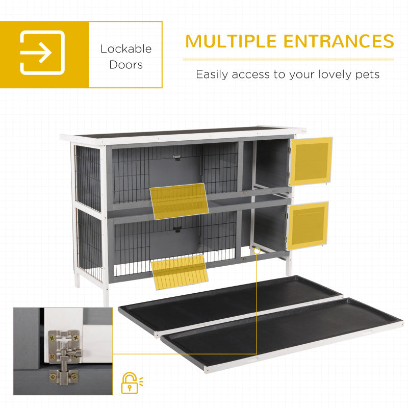 54" 2-Story Large Rabbit Hutch, Wooden Pet House with Synthetic Fiber, Lockable Doors, No Leak Tray, Waterproof Roof for Small Animals, Suitable for Outdoor/Indoor Use - Dark Grey