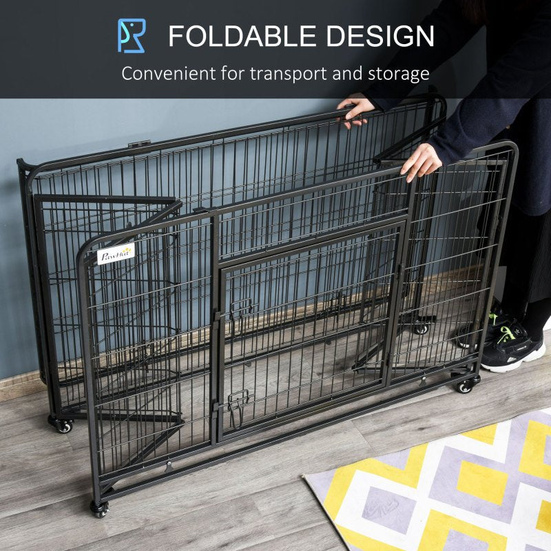 Heavy-Duty 49" Folding Dog Crate with Removable Tray, Cover & Locking Wheels - Indoor/Outdoor Metal Kennel for Small Pets