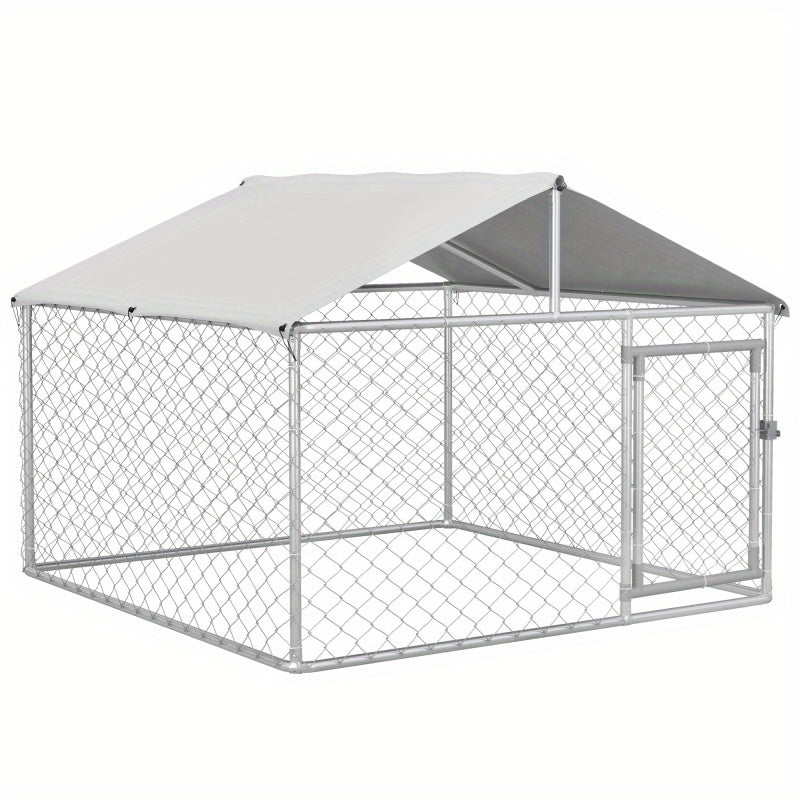 Heavy Duty Outdoor Dog Kennel, 6.6'x6.6'x4.9' Galvanized Chain Link Cage with Waterproof Synthetic Fiber Cover and Secure Lock